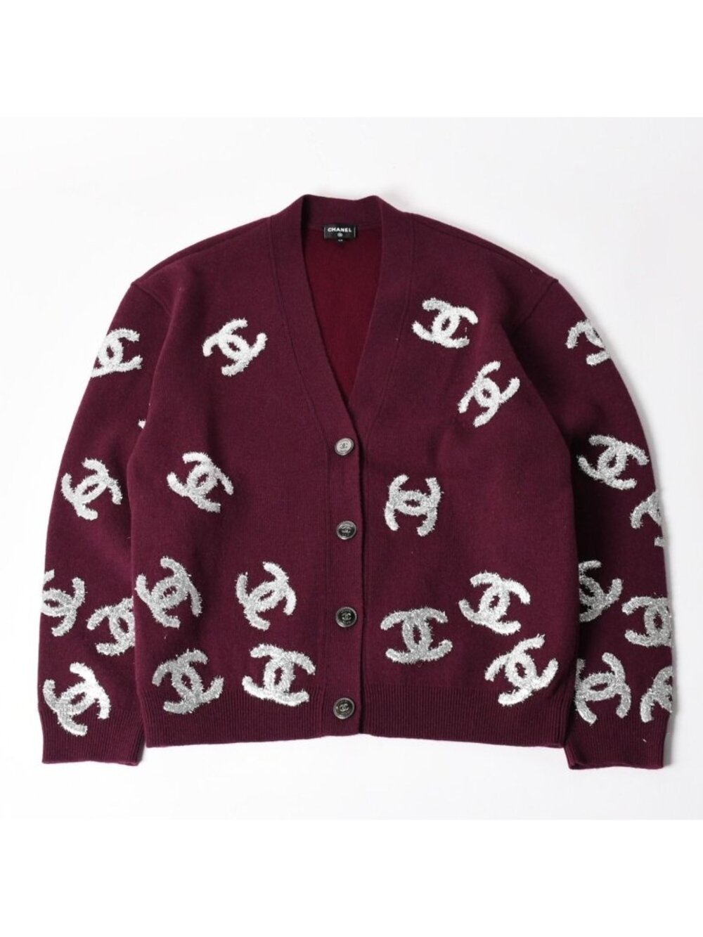 Chanel All Over CC Mark Glitter Cashmere Cardigan Burgundy Silver